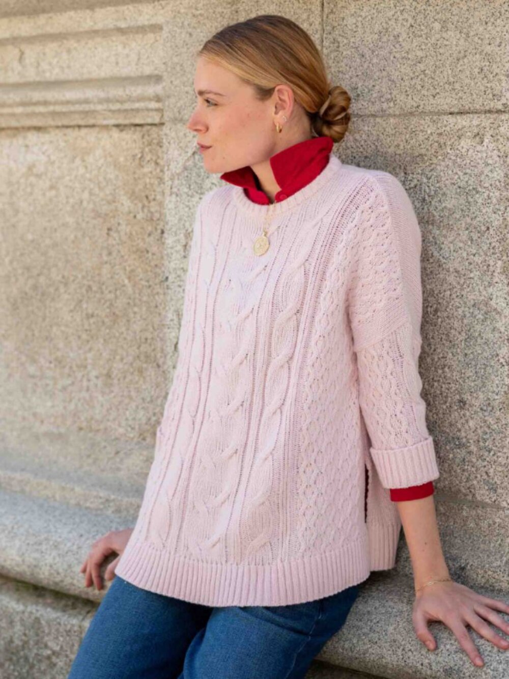 MERSEA Cotswold Cable-Knit Sweater in Petal Pink Preppy Coastal Crew Neck OS